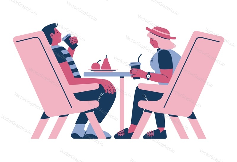 Счастливая пара отдыхает, сидя за столиком в кафе, пьет кофе и разговаривает друг с другом, плоская векторная иллюстрация. Перерыв на кофе.