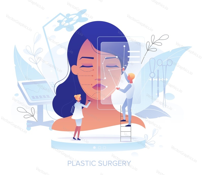 Врач-пластический хирург рисует линии разреза маркером на женском лице, плоская векторная иллюстрация. Пластическая хирургия, косметическая процедура. Увеличение подбородка, щек. Коррекция контуров лица.