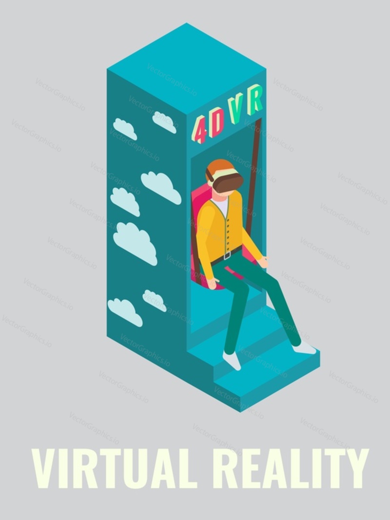 Young man playing virtual reality arcade game, flat vector isometric illustration. Game club, room, zone attractions, fun activities, entertainment. Arcade gaming.