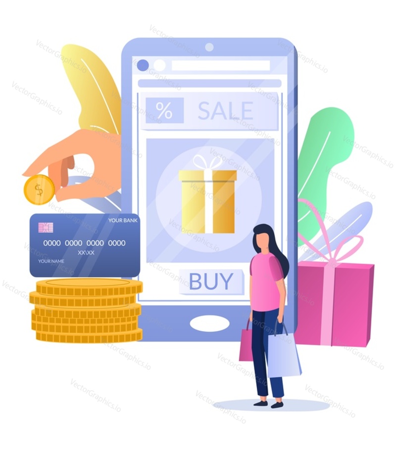 Sale promotion gift box on smartphone screen, woman with shopping bags, credit card, flat vector illustration. Online shopping, internet payment technologies.