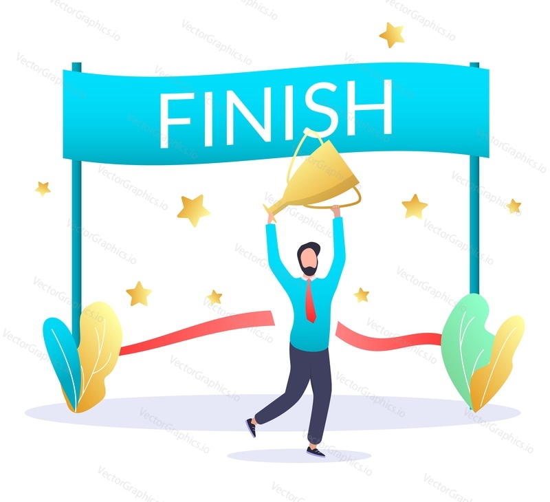 Business man crossing finish line with trophy cup in raised hands, flat vector illustration. Happy businessman celebrating victory, goal achievements. Finish business deal, leadership, career concept.