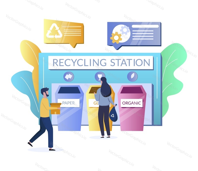 Люди сортируют и выбрасывают мусор в разные контейнеры или мусорные баки для стекла, бумаги, органических отходов, плоская векторная иллюстрация. Сортировка отходов, сегрегация для вторичной переработки.