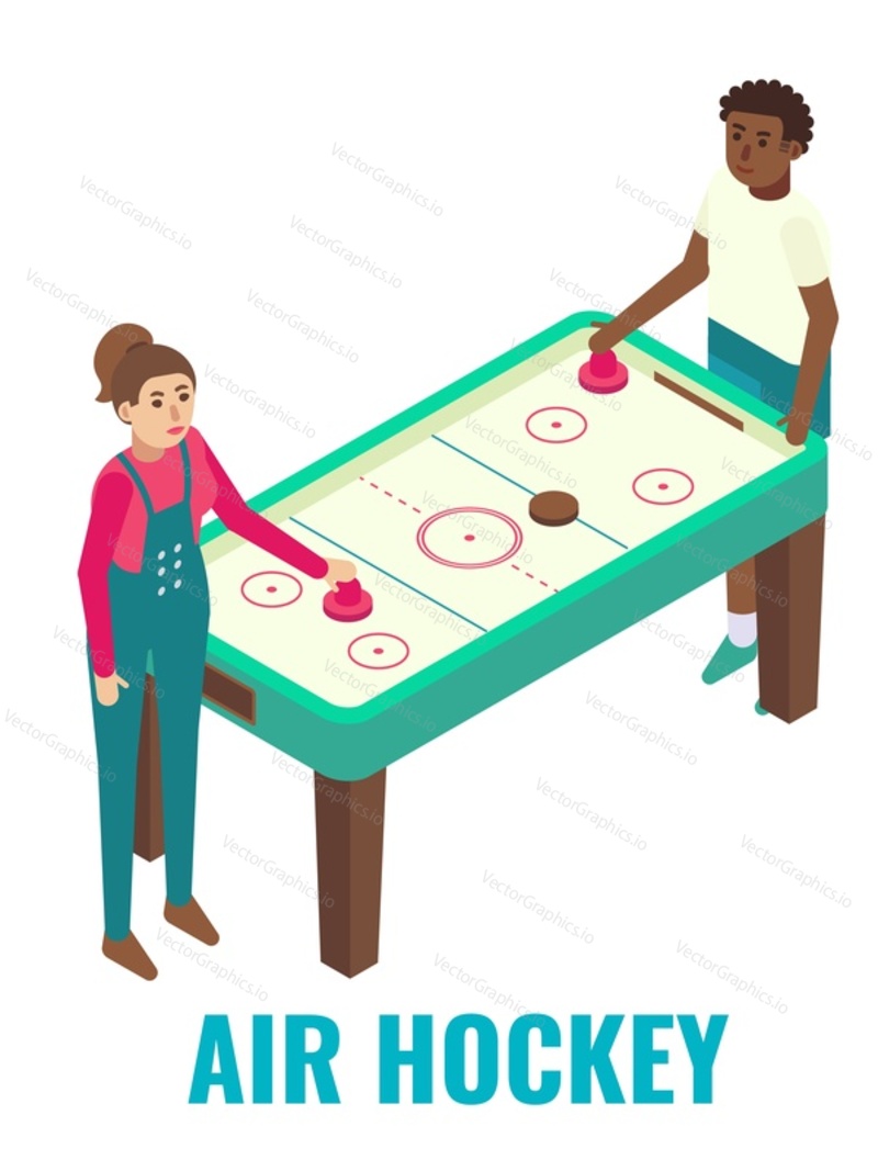 Мужчина и женщина играют в настольную аркадную игру в аэрохоккей, плоская векторная изометрическая иллюстрация. Игровой клуб, комната, зона аттракционов, веселых мероприятий, развлечений. Аркадные игры.