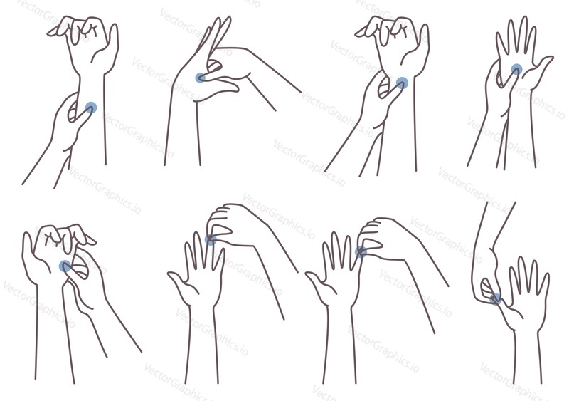 Техника точечного массажа рук, векторная иллюстрация. Женский персонаж нажимает на точки на пальцах, ладонях рук, запястьях, чтобы облегчить головную боль, боли в спине, тошноту, симптомы беспокойства и т.д.