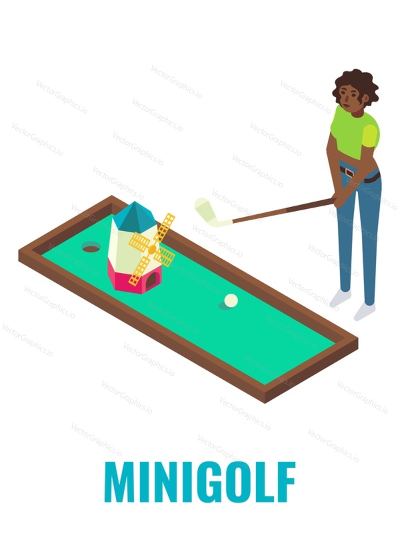 Женщина, играющая в аркадную игру в мини-гольф, плоская векторная изометрическая иллюстрация. Поле для мини-гольфа. Игровой клуб, комната, зона аттракционов, веселых мероприятий, развлечений. Аркадные игры.