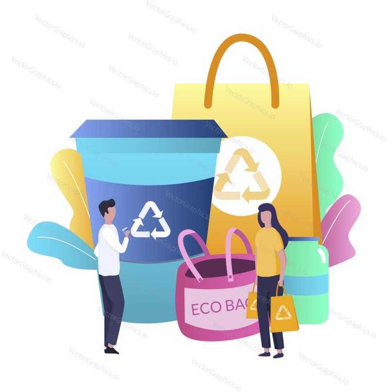 Люди, использующие экологически чистую многоразовую ткань, бумажные покупки, продуктовую сумку, кофейную чашку, плоскую векторную иллюстрацию. Ноль отходов. Жизнь без пластика. Экологичный образ жизни.