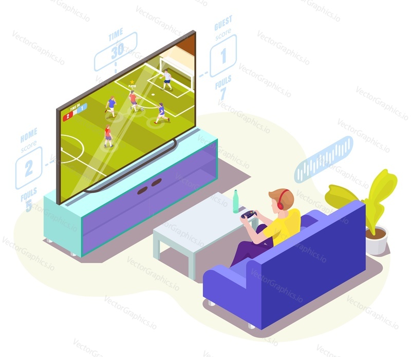 Мужчина-геймер в наушниках играет в футбольную видеоигру по телевизору с контроллером, сидя на диване, плоская векторная изометрическая иллюстрация. Онлайн-футбол, консольные игры, киберспорт.