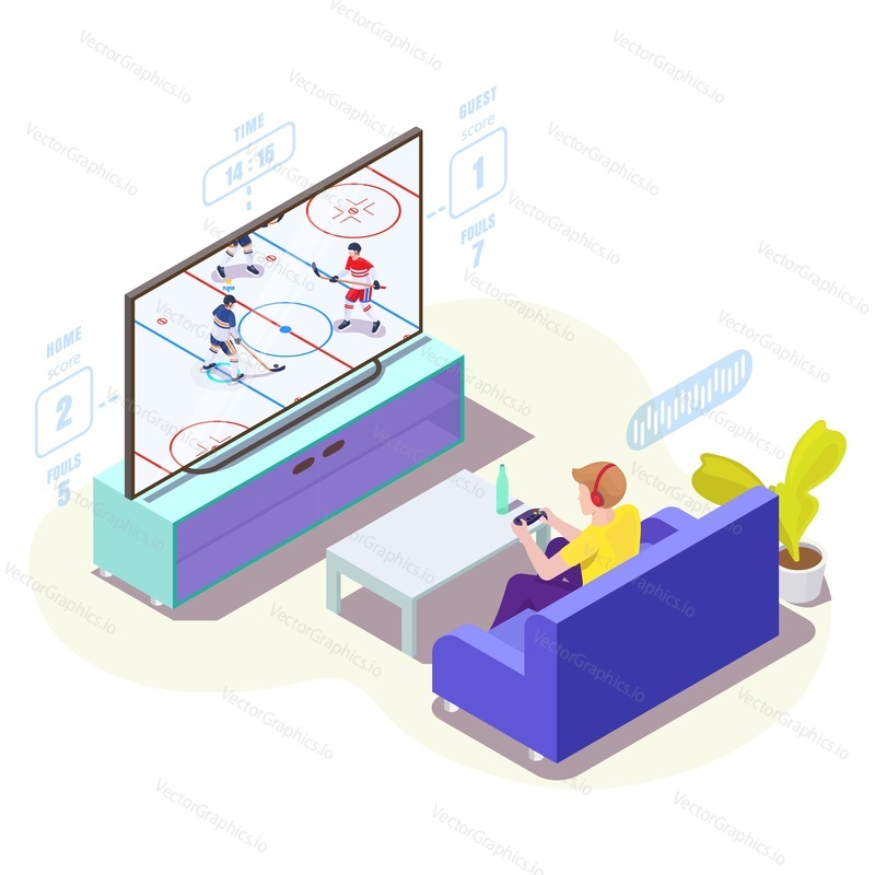 Мужчина-геймер в наушниках играет в видеоигру по хоккею с шайбой по телевизору с контроллером, сидя на диване, плоская векторная изометрическая иллюстрация. Онлайн-игры, консольные видеоигры, киберспорт.