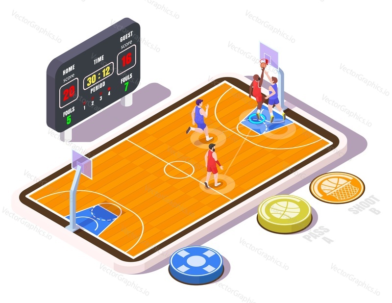 Мобильные игры. Изометрическая баскетбольная площадка с игроками на экране смартфона, плоская векторная иллюстрация. Мобильная игра в баскетбол.