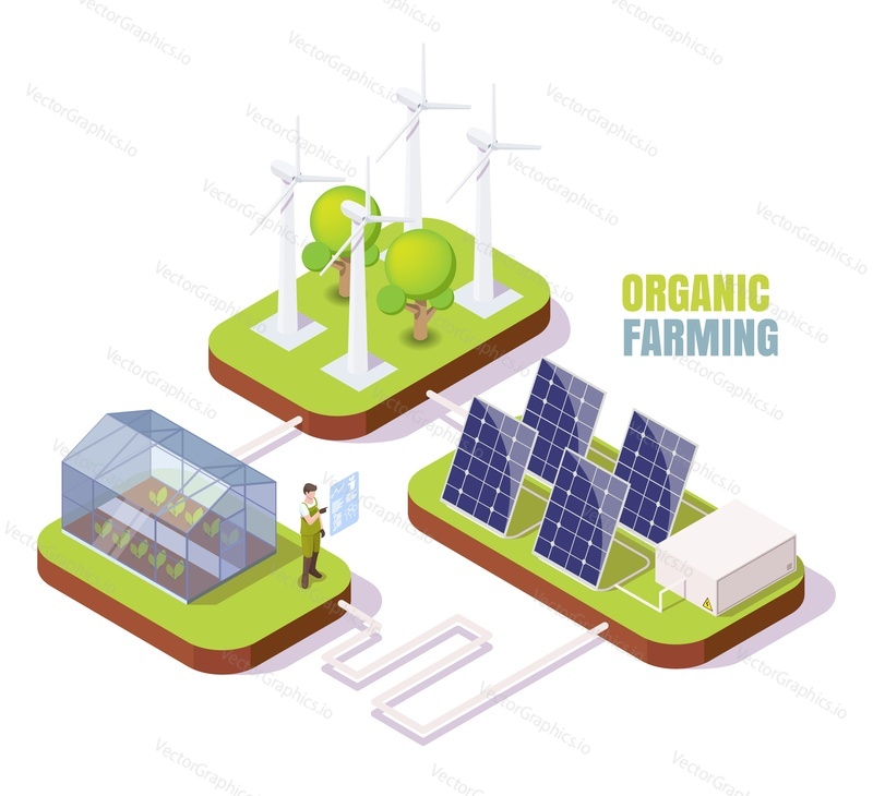 Органическое земледелие. Теплица, ветряные турбины и солнечные панели, плоская векторная изометрическая иллюстрация. Теплица, использующая чистую энергию солнца и ветра. Зеленая альтернативная энергетика. Эко-ферма.
