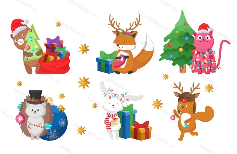 Счастливые рождественские животные, забавные мультяшные персонажи, плоская векторная изолированная иллюстрация. Милый ежик, олень, кролик, лиса, белка, котенок и медведь с рождественскими украшениями для поздравительной открытки, наклейки, принта