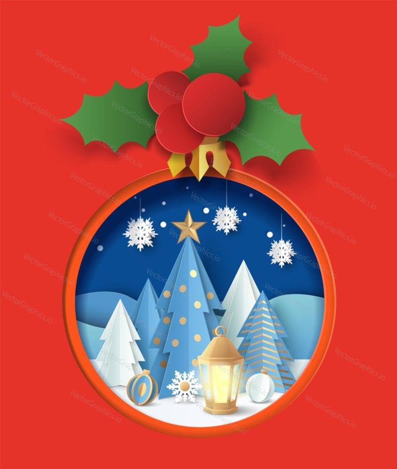 Рождественская елочная безделушка с зимним пейзажем, украшенные деревья, шары, фонарь, векторная иллюстрация в стиле бумажного искусства. Шаблон дизайна поздравительной рождественской открытки.