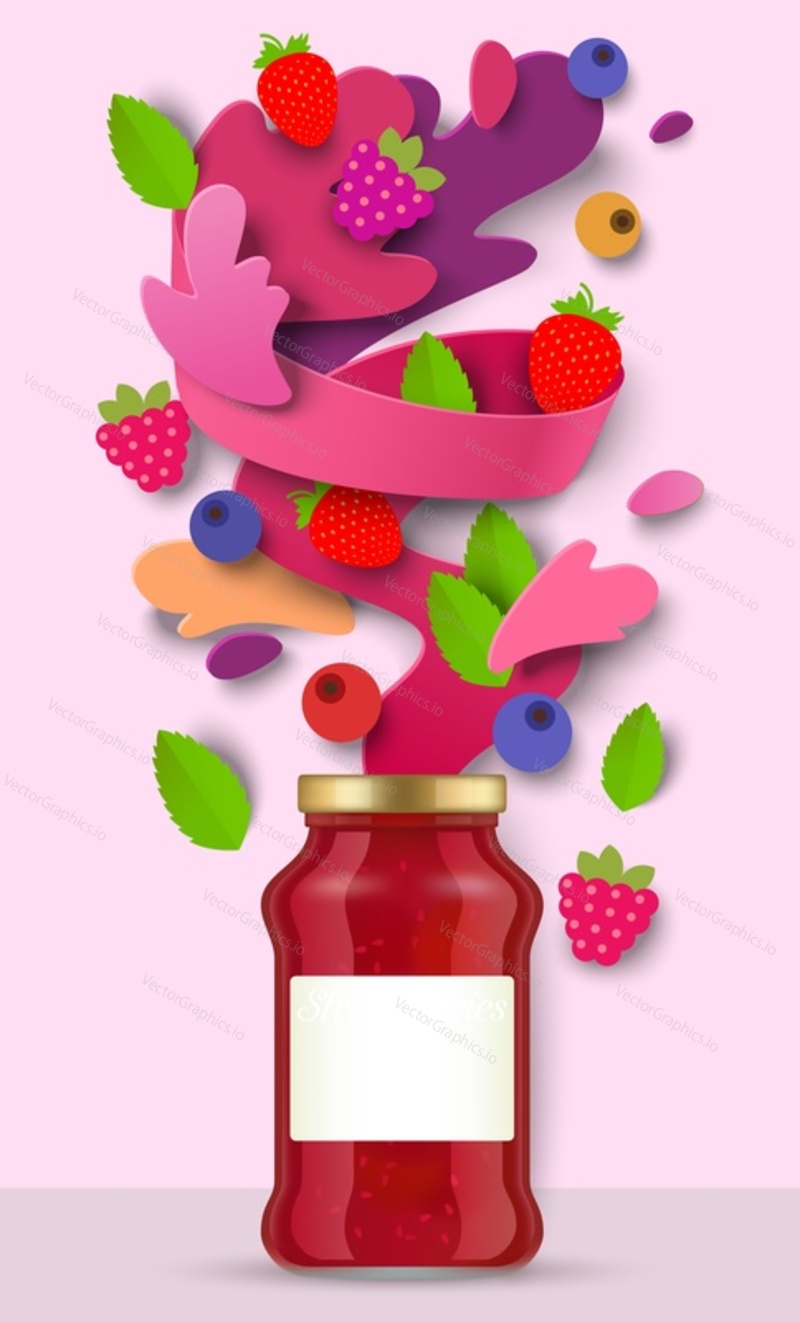 Стеклянная банка для упаковки ягодного джема, вырезанная из бумаги свежая клубника, малина, черника, брызги жидкости и капли, векторная иллюстрация. Полезные фруктовые консервы.