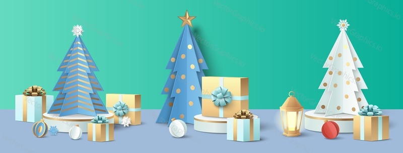 Рождественская елка и подарочная коробка с лентой и бантом на выставочном подиуме, векторная иллюстрация в стиле бумажного искусства. Распродажа подарков, украшений к Рождеству и Новому году. Рождественские подарки.
