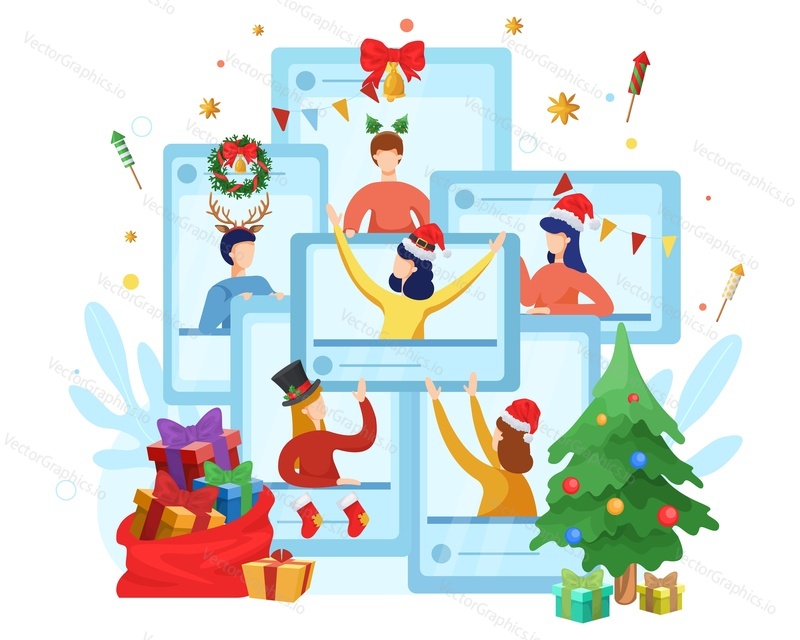 Группа людей, празднующих Рождество онлайн, плоская векторная иллюстрация. Онлайн-вечеринка, технологии видеоконференцсвязи, дистанционная встреча.