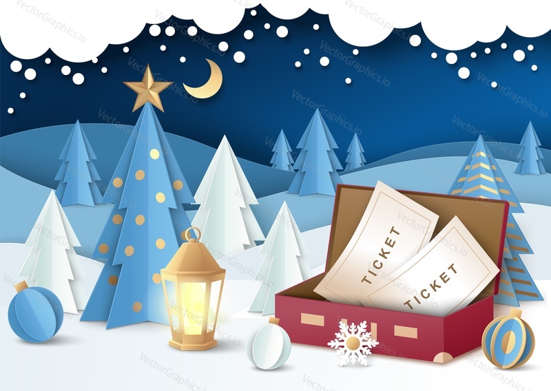 Проездные билеты в коробке, украшенная рождественская елка с шарами, пейзаж зимнего ночного леса, векторная иллюстрация в стиле бумажного искусства. Рождественский тур, зимние каникулы.