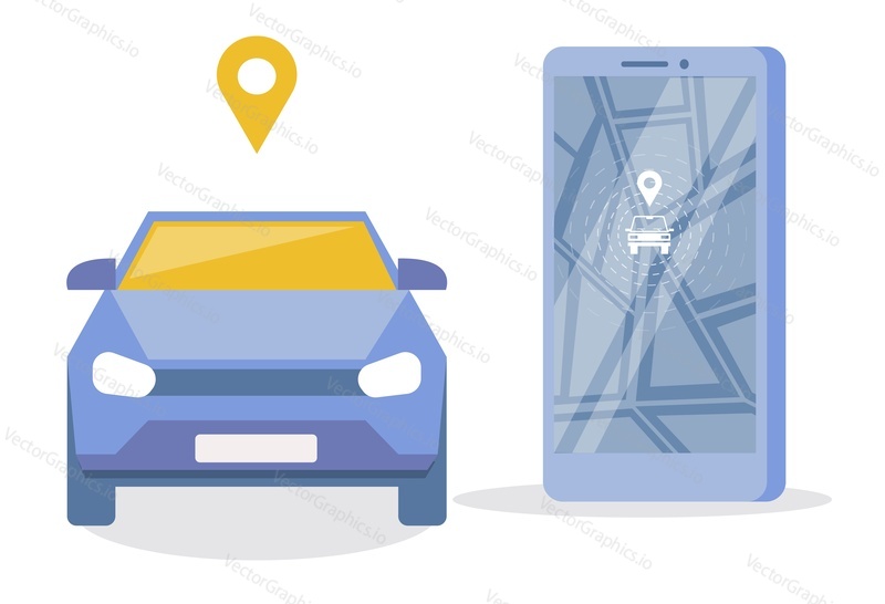 Большой экран смартфона с картой города, маршрутом, автомобилем и пин-кодом местоположения, плоская векторная иллюстрация. Онлайн-каршеринг, услуги проката автомобилей.