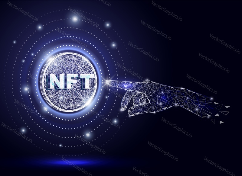 Прикосновение руки NFT, низкополигональная каркасная сетка, векторная полигональная иллюстрация в художественном стиле. Взаимозаменяемые токены, криптоискусство NFT, технологии будущего.