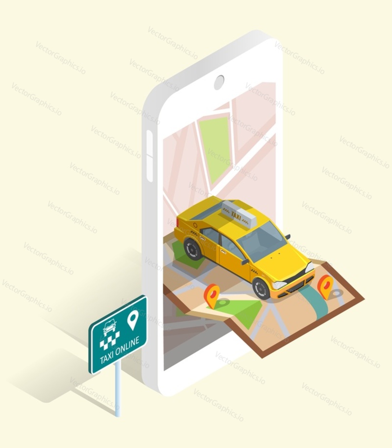 Такси онлайн, плоская векторная изометрическая иллюстрация. Смартфон с картой города, пин-кодом местоположения и желтой машиной. Мобильное приложение службы такси.