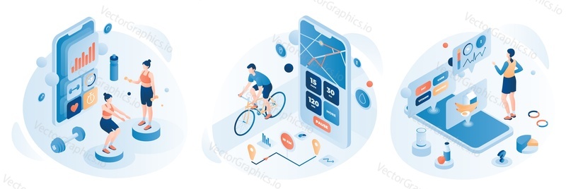 Люди тренируются и катаются на велосипеде, используя мобильные приложения для фитнеса и отслеживания состояния здоровья, плоская векторная изометрическая иллюстрация. Онлайн-фитнес-трекер. Здоровое питание и образ жизни.