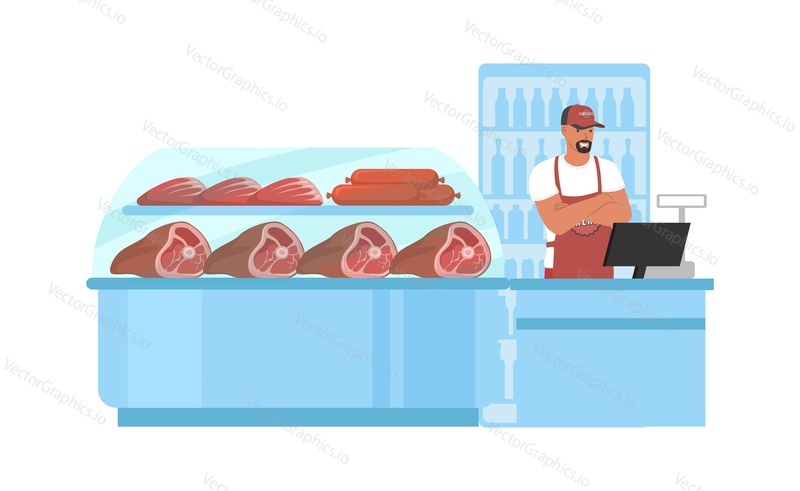 Мясной магазин, плоская векторная иллюстрация. Продавец стоит у витрины холодильника со свежей свининой, говядиной, колбасой. Фермерский продовольственный рынок. Мясная лавка. Супермаркет, продуктовый магазин, мясная секция, отдел.