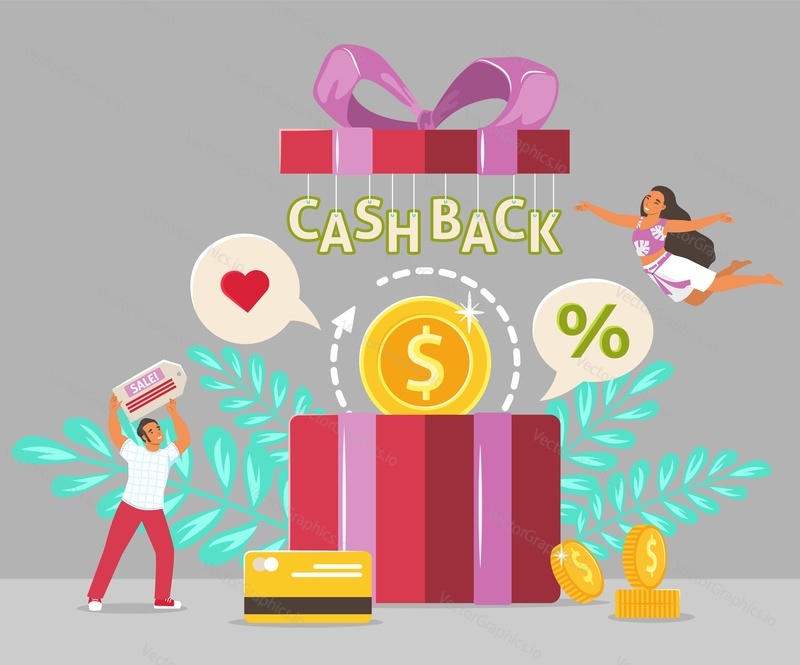 Happy people getting money refund for online purchases in internet store, flat vector illustration. Cash back bonus credit card reward. Cashback incentives, customer loyalty programs.