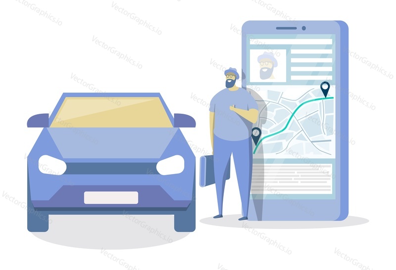Мужчина, использующий мобильное приложение для объединения автомобилей, заказа авто в аренду, плоская векторная иллюстрация. Онлайн-каршеринг, услуги проката автомобилей.