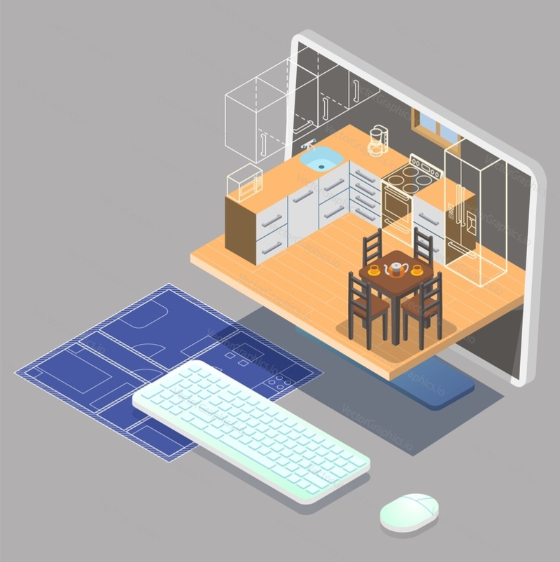 Услуги по дизайну интерьера. 3d-модели мебели для кухонной комнаты на экране компьютера, чертеж дома, плоская векторная изометрическая иллюстрация. Онлайн-планирование интерьера.