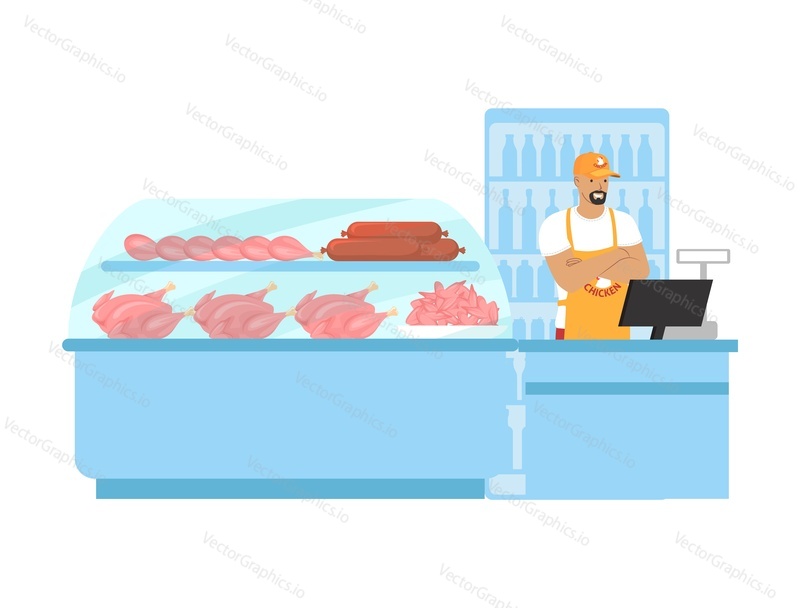 Магазин мяса птицы, плоская векторная иллюстрация. Продавец стоит у витрины холодильника. Фермерский продовольственный рынок. Мясная лавка. Супермаркет, продуктовый магазин, секция мяса птицы, отдел.