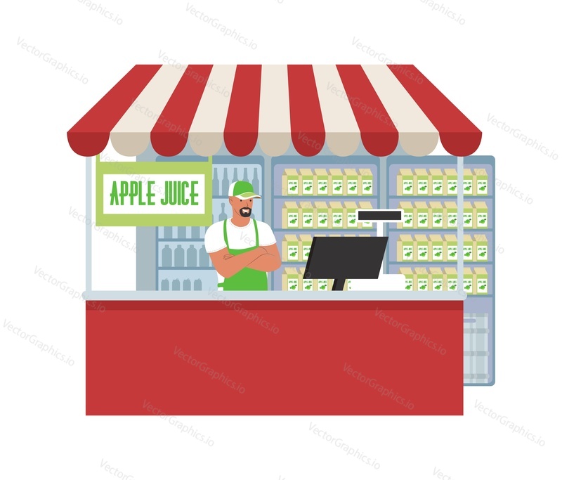 Магазин соков, плоская векторная иллюстрация. Яблочный сок в витрине. Продавец стоит у прилавка. Супермаркет, продуктовый магазин, отдел напитков. Розничный магазин малого бизнеса.