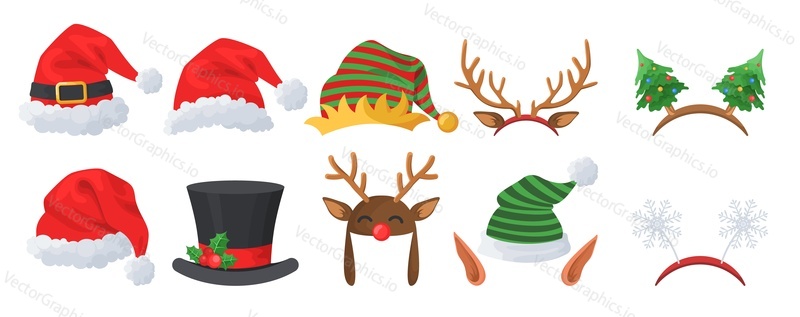 Рождественские шляпы и украшения, плоская векторная изолированная иллюстрация. Шляпы Санта-Клауса, забавные эльфийские ушки, оленьи рога, карнавальные повязки на голову. Набор рождественских костюмов.