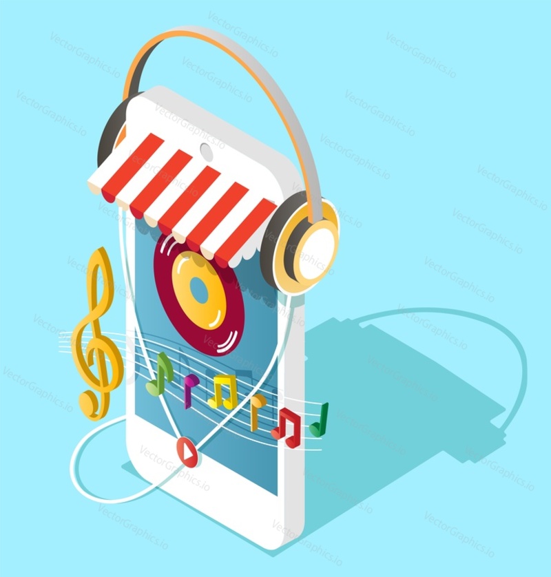 Смартфон с наушниками и музыкальными нотами, плоская векторная изометрическая иллюстрация. Музыкальный интернет-магазин.