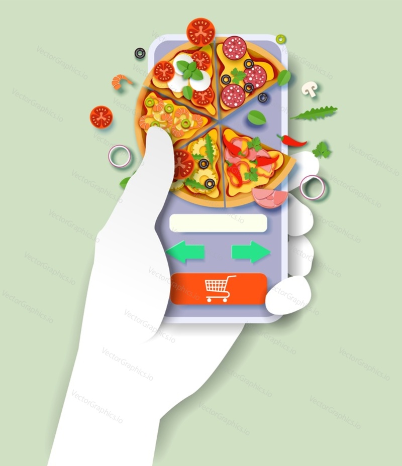 Рука, держащая смартфон с вкусной пиццей на экране, векторная иллюстрация в стиле бумажного искусства. Онлайн-заказ и доставка пиццы.