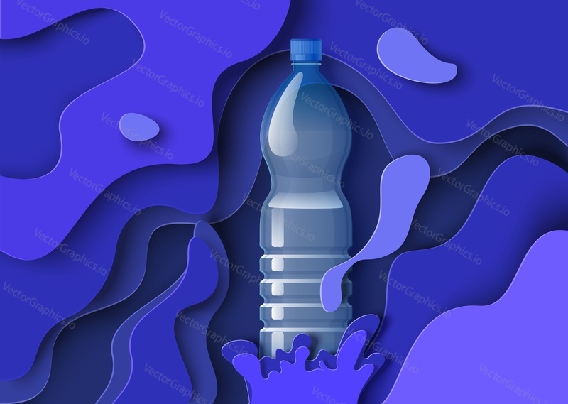 Шаблон плаката с чистой питьевой водой. Реалистичная пластиковая бутылка, брызги жидкости, вырезанные из бумаги, векторная иллюстрация. Шаблон рекламы питьевой минеральной воды.