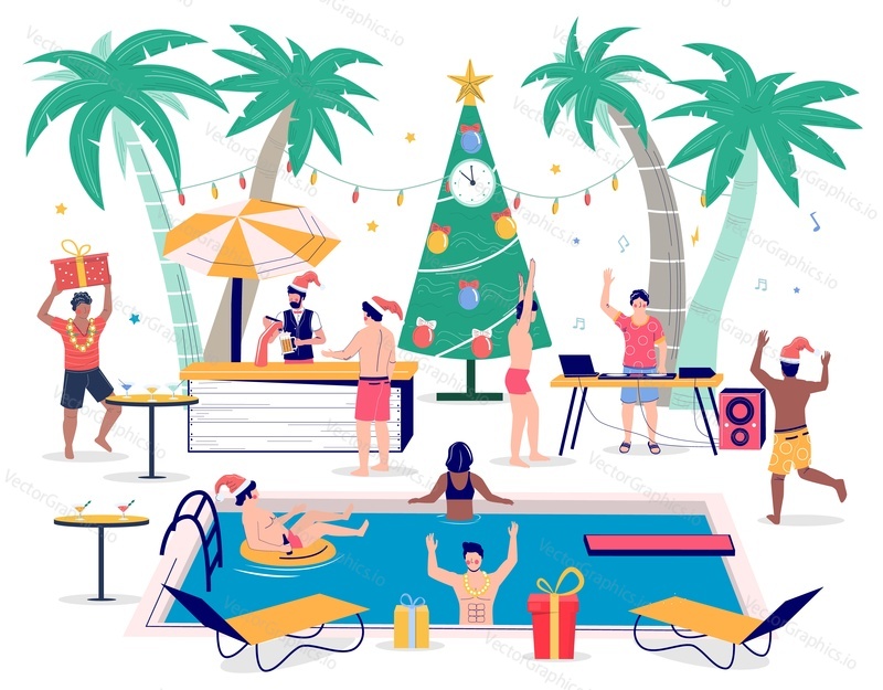 Тропическая рождественская вечеринка у бассейна, плоская векторная иллюстрация. Счастливые люди в шапочках Санты плавают в бассейне, танцуют, пьют пиво и веселятся. Празднование Нового года, тропические зимние каникулы.