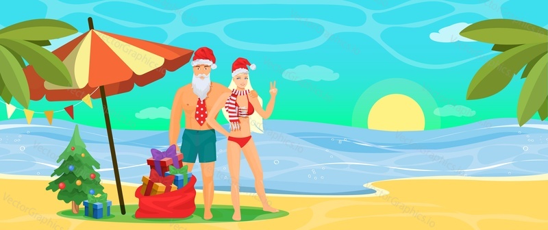 Счастливая пара в купальниках и рождественских шляпах, стоящая на океанском пляже, плоская векторная иллюстрация. Рождественский тур по тропикам, зимние каникулы в тропиках.