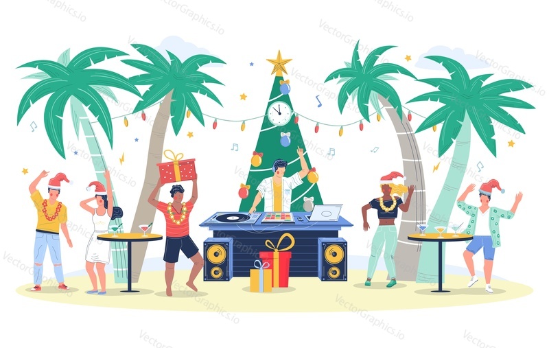 Тропическая рождественская вечеринка, плоская векторная иллюстрация. Счастливые люди в шляпах Санта-Клауса пьют коктейль и танцуют под музыку ди-джея на пляже. Празднование Нового года, тропические зимние каникулы.