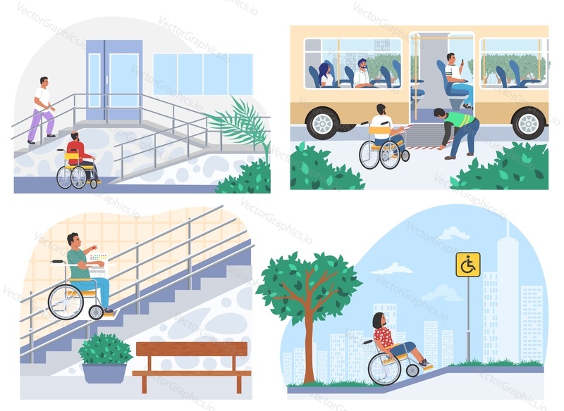 Люди в инвалидных колясках, свободно передвигающиеся по городским общественным местам и транспорту, доступному для инвалидов, плоская векторная иллюстрация. Безбарьерная среда.