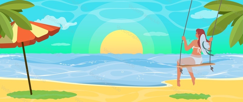 Женщина качается на качелях под пальмой и смотрит на закат на пляже, плоская векторная иллюстрация. Летний пляжный отдых, тропические каникулы, путешествия.