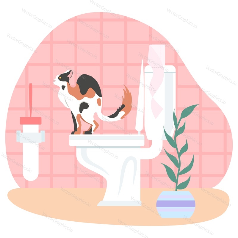 Милый котенок на унитазе, плоская векторная иллюстрация. Приучение кошки к туалету.