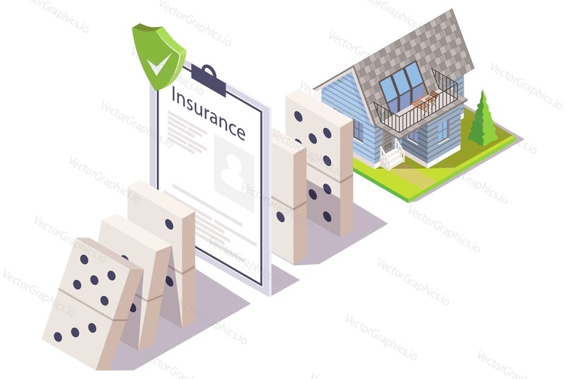 Страховой полис на дом, предотвращающий эффект домино, плоская векторная изометрическая иллюстрация. Защита дома от кражи, порчи, стихийного бедствия. Недвижимость, страхование имущества.