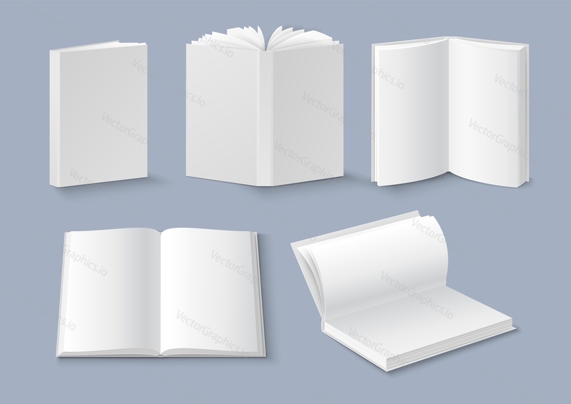 Реалистичный набор макетов открытых и закрытых книг, векторная изолированная иллюстрация. Белый чистый буклет, брошюра, обложка журнала. Вертикальные шаблоны книг в твердом, мягком переплете или мягкой обложке.