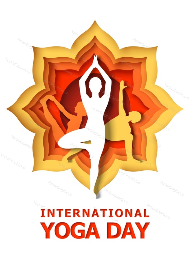 Шаблон плаката Международного дня йоги. Векторная иллюстрация в стиле бумажного искусства. Здоровый образ жизни. Празднование Всемирного дня йоги.