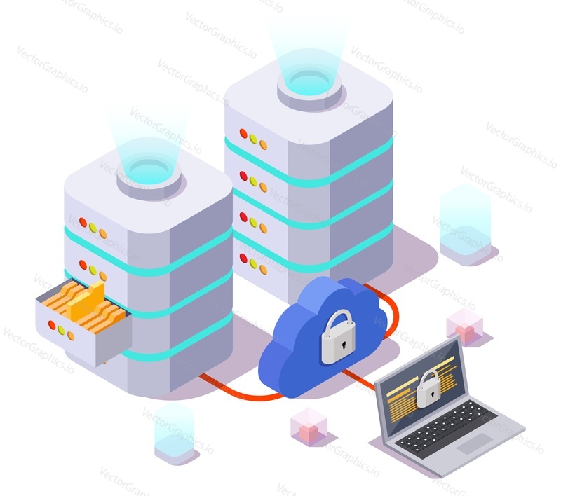 Серверные стойки, портативный компьютер и облако с замками, плоская векторная изометрическая иллюстрация. VPN, виртуальная частная сеть, интернет-безопасность.