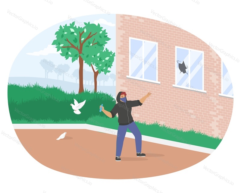 Street hooligan, vandal in face mask breaking window glass in house, flat vector illustration. Street burglar, gangster damaging private or public property. Vandalism, aggression.