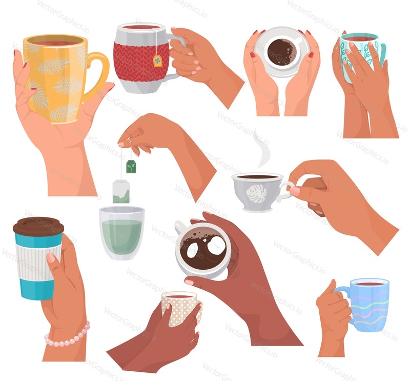 Женские руки, держащие чайные чашки и кофейные кружки, плоская векторная изолированная иллюстрация. Кофе-брейк, утренний завтрак с горячими напитками.