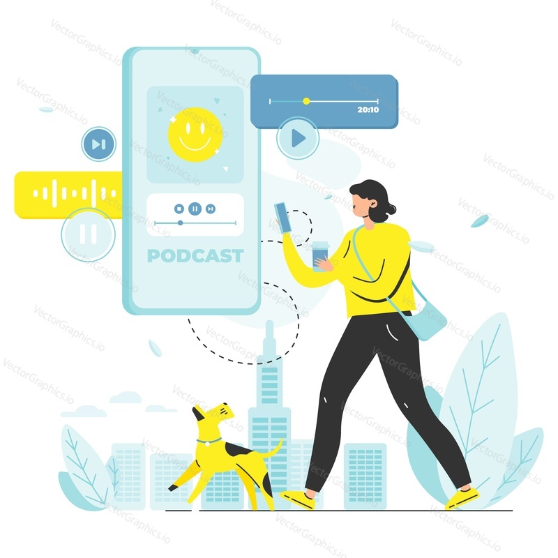 Woman walking dog with smartphone and listening to podcast online, flat vector illustration. Audio podcast, online radio show, webinar, training.
