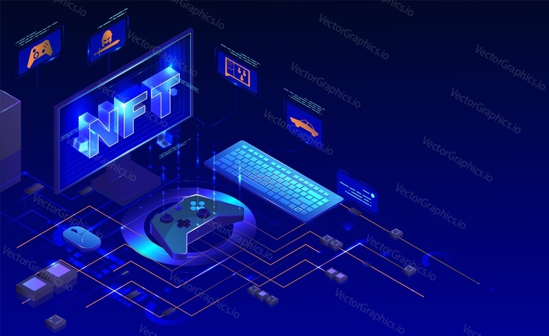 NFT pc games, neon light vector isometric illustration. Non fungible token, NFT blockchain technology, crypto video games, gaming in metaverse.