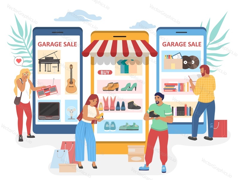 Приложение для гаражной распродажи для покупки и продажи подержанной одежды и предметов первой необходимости, плоская векторная иллюстрация. Онлайн-блошиный рынок.