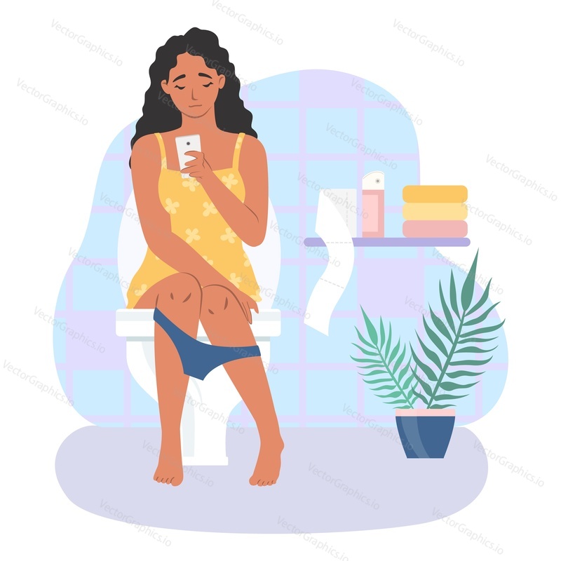 Женщина, сидящая на унитазе со смартфоном в руке, плоская векторная иллюстрация. Рутина в туалете, пристрастие к смартфонам.